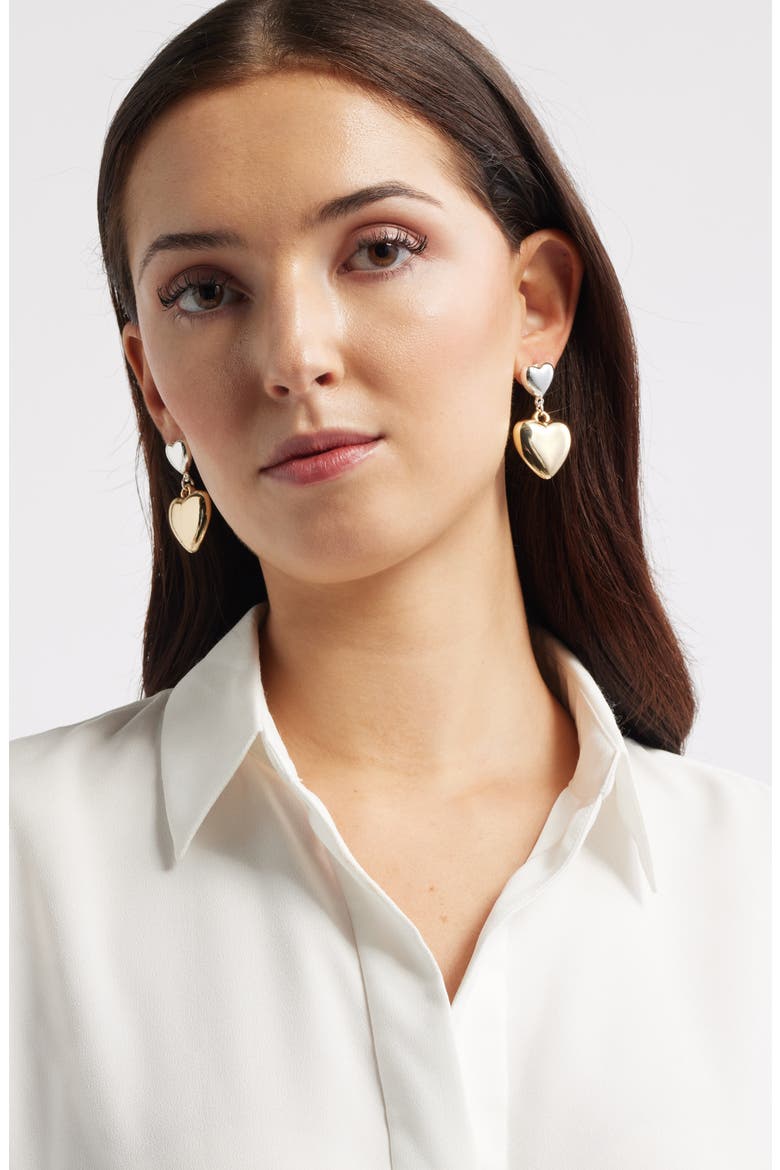 Puffy Heart Drop Earrings, Alternate, color, SILVER- GOLD
