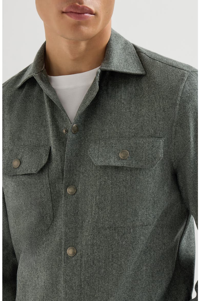 Virgin wool flannel overshirt with spread collar and chest pockets, Alternate, color, Forest Green
