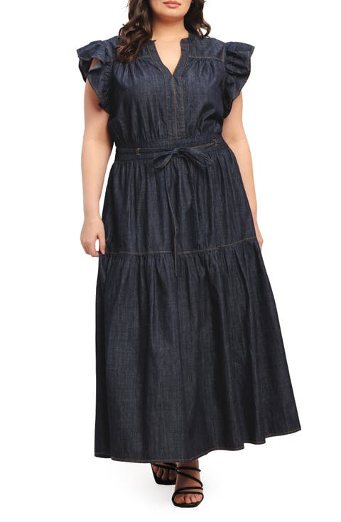 Cap Sleeve Denim Maxi Dress (Plus)
