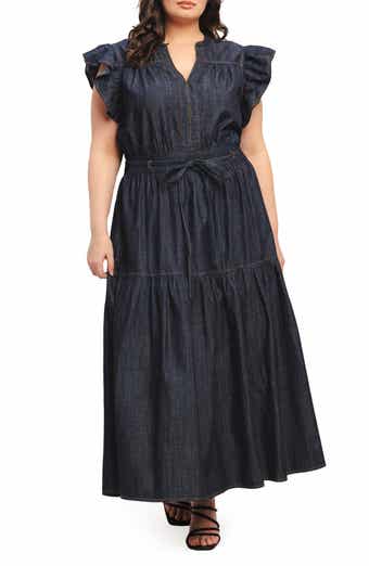 FLYING TOMATO Cap Sleeve Denim Maxi Dress