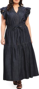 FLYING TOMATO Cap Sleeve Denim Maxi Dress