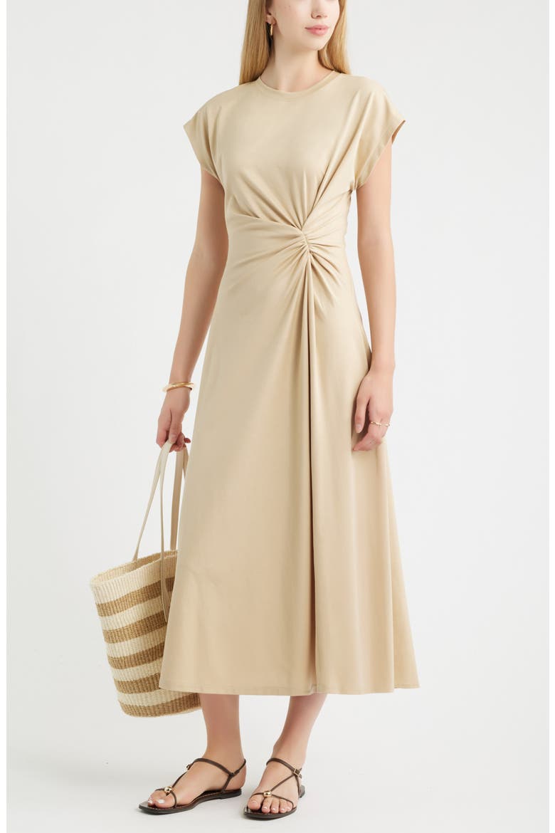 Crew Neck Side Twist Midi T-Shirt Dress, Alternate, color, TAN SAFARI