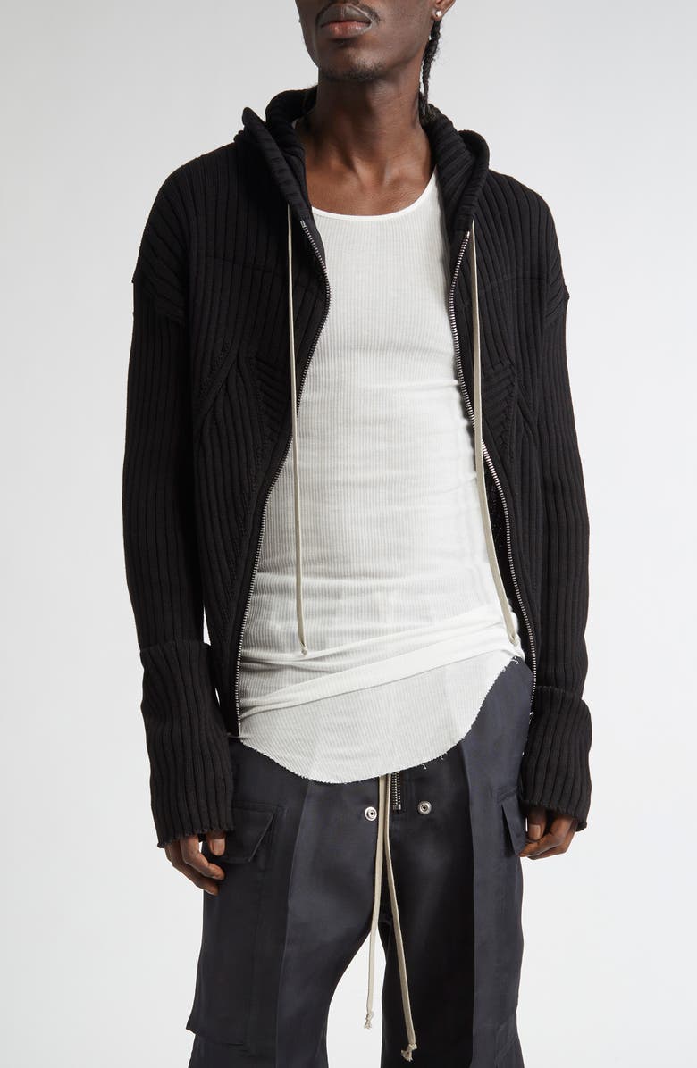 Rick Owens Hollywood Cotton Megarib Full Zip Sweater Hoodie, Main, color, 
