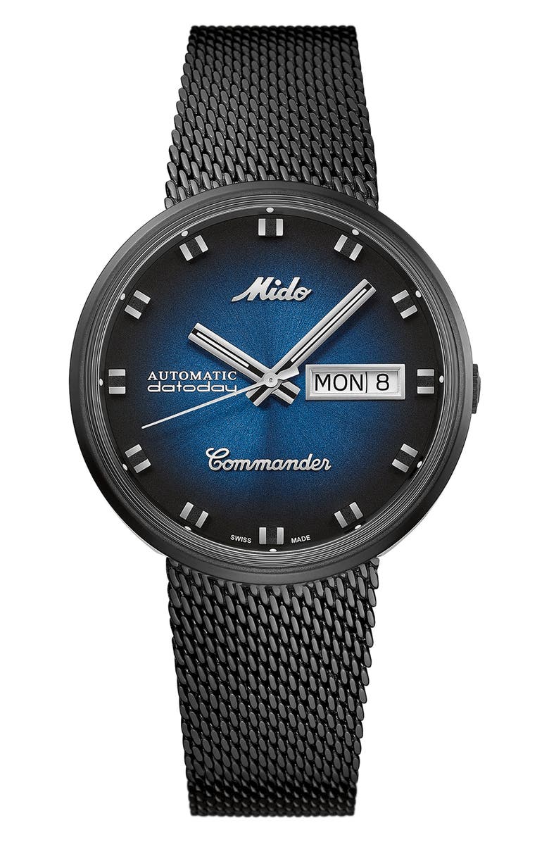 MIDO Commander Shade Automatic Mesh Strap Watch, 37mm, Main, color, Black/ Blue