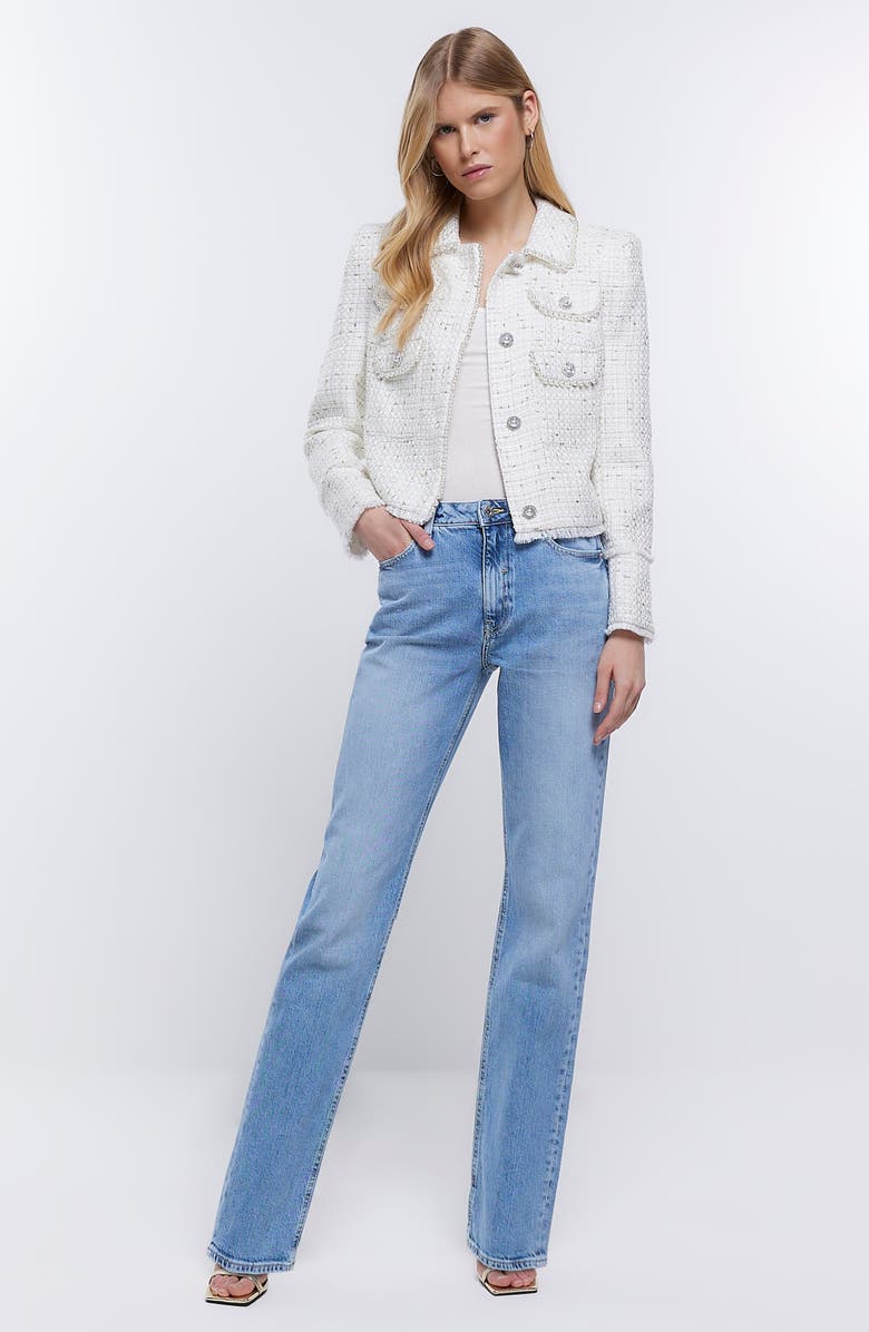 River Island Faux Pearl Crop Bouclé Trophy Jacket, Alternate, color,