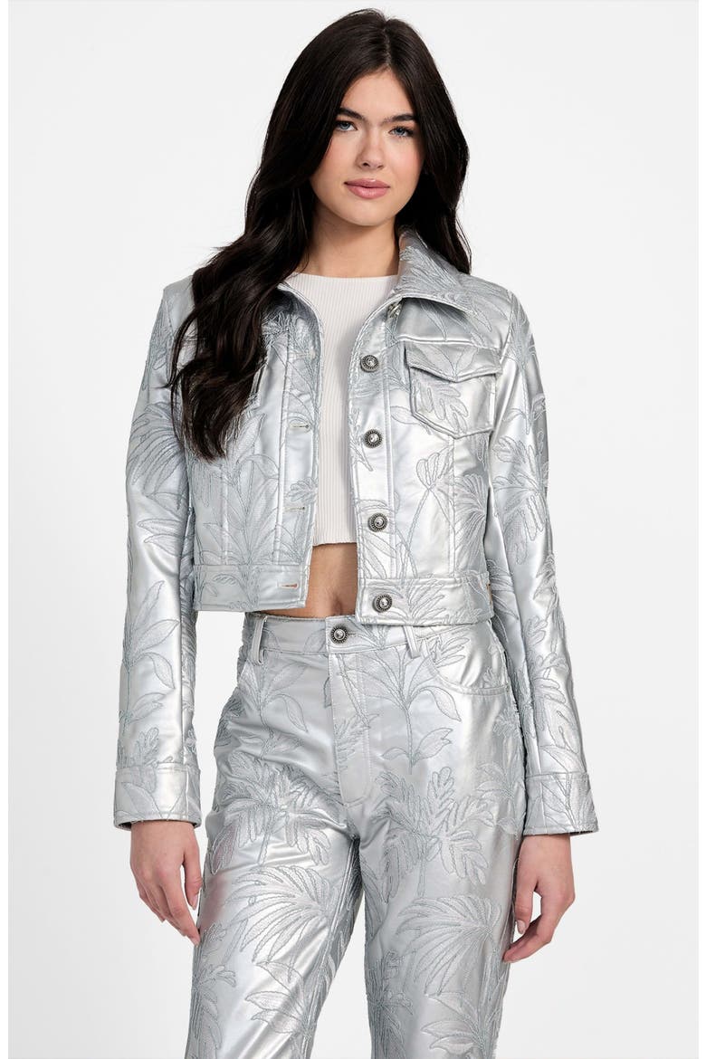 Clelia Embroidered Metallic Faux Leather Jacket, Alternate, color, SILVER