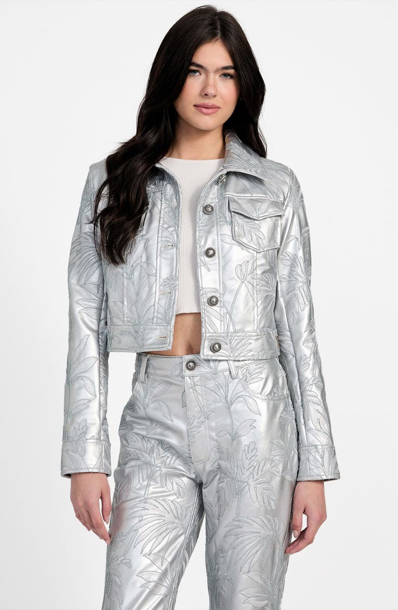 GUESS Clelia Embroidered Metallic Faux Leather Jacket, Alternate, color, Silver