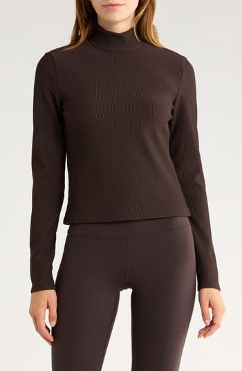 90 Degree By Reflex Chill Tech Rib Venture Mock Neck Top In Brown