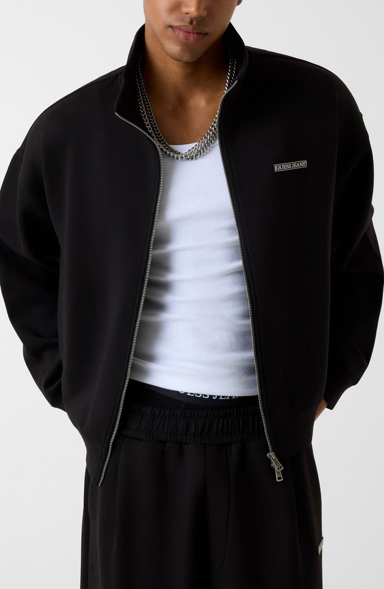 GUESS JEANS Mock Neck Crop Scuba Knit Jacket, Main, color, Black