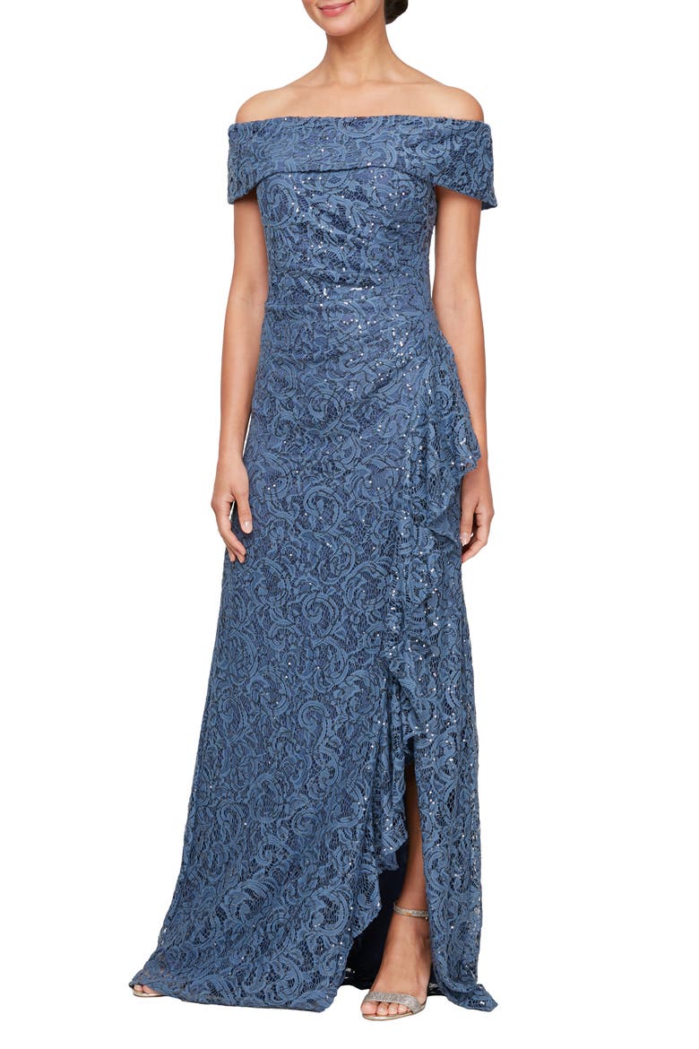 Sequin Off the Shoulder Lace Gown, Main, color, WEDGEWOOD