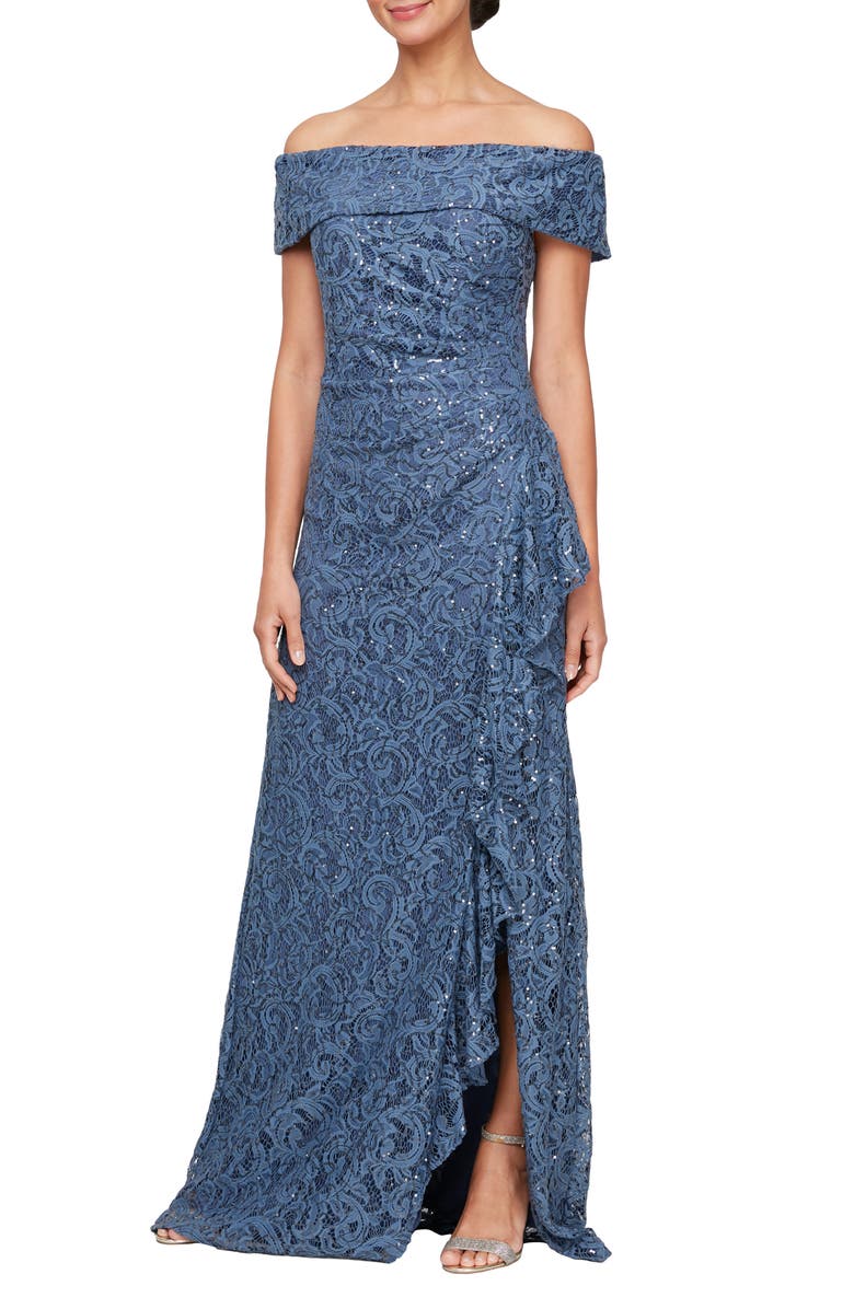 Alex Evenings Sequin Off the Shoulder Lace Gown, Main, color, Wedgewood