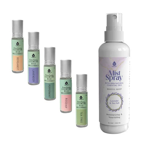 Lavender & Sea Salt Mist Spray + 5-Pack Essential Oil Rollerball Set for Daily Wellness & Aromatherapy