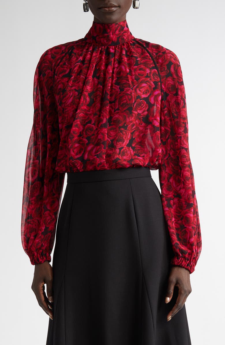 Carolina Herrera Floral Mock Neck Gathered Top, Main, color, Herrera Red Mul