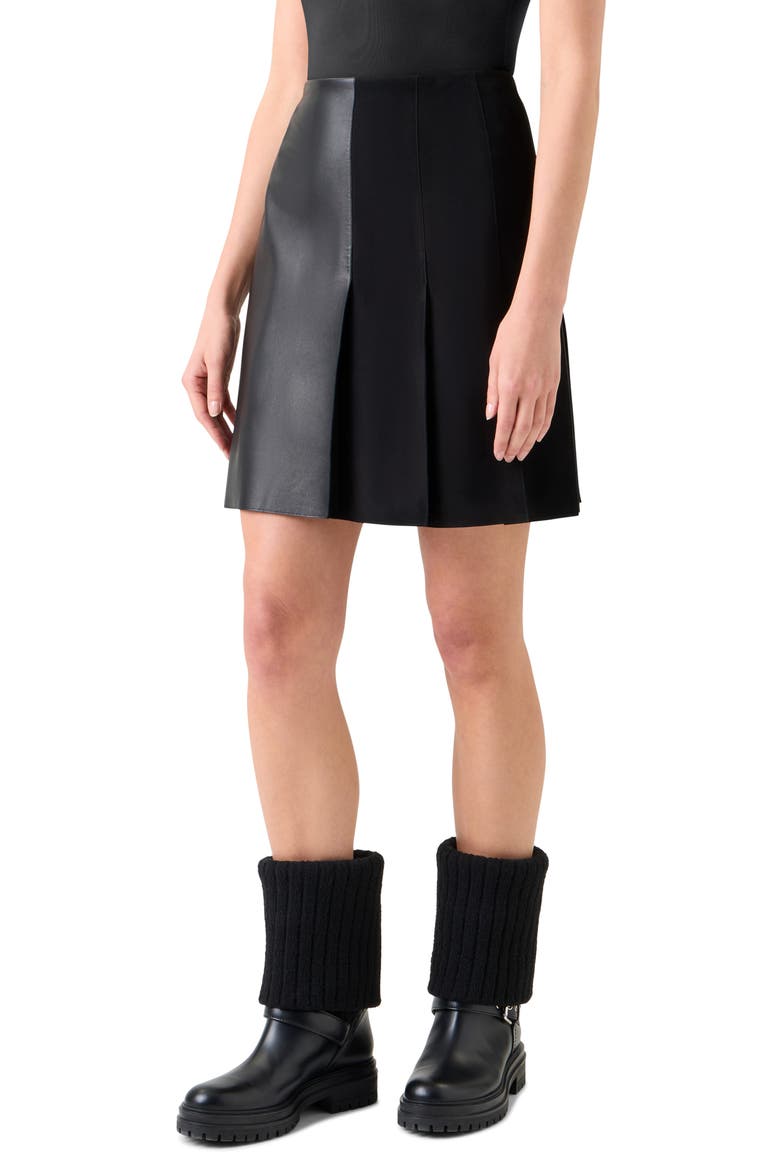 Mixed Media Pleated Leather Skirt, Alternate, color, BLACK
