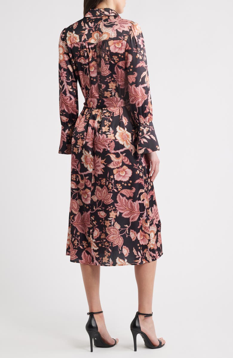 Julia Jordan Long Sleeve Tie Belt Satin Midi Shirtdress, Alternate, color, Black Multi