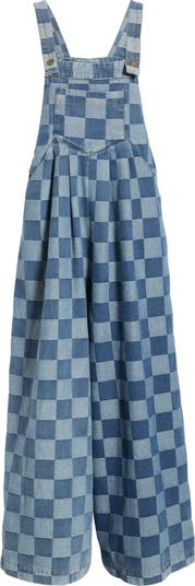 Checkerboard Wide Leg Denim Overalls