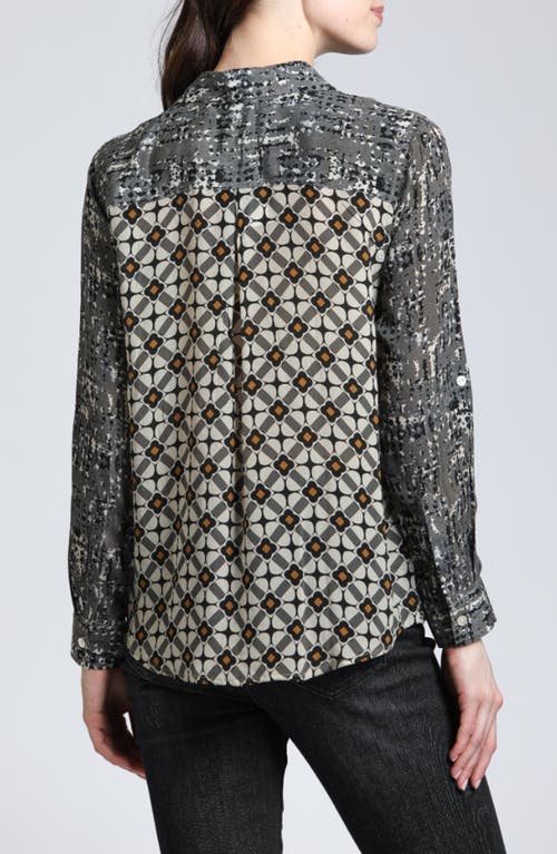 Apny Abstract Print Roll Tab Sleeve Chiffon Button-up Shirt In Grey Multi