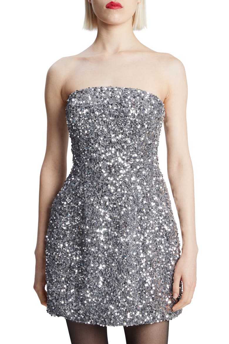 Karoline Strapless Sequin Cocktail Dress, Alternate, color, SILVER