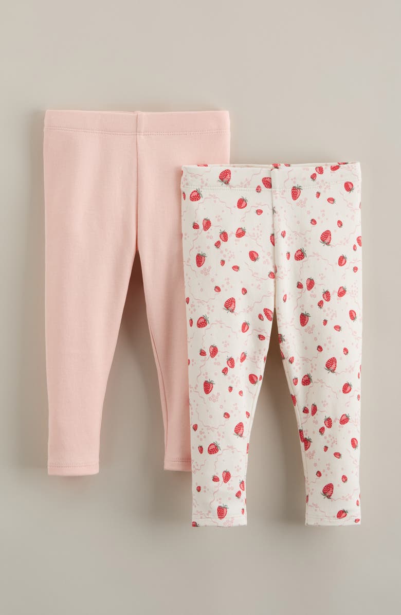 Nordstrom Assorted 2-Pack Cotton Leggings, Main, color, Ivory Strawberry-Pink Pack