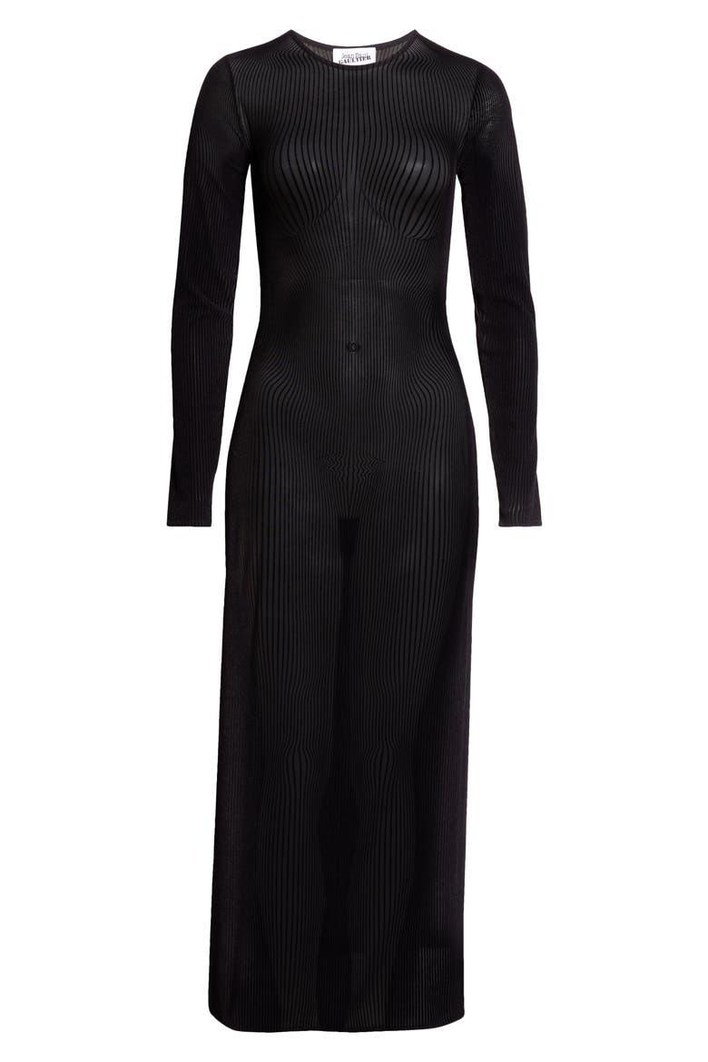 The Morphing Pinstripe Flocked Long Sleeve Sheer Mesh Dress, Alternate, color, BLACK/ BLACK