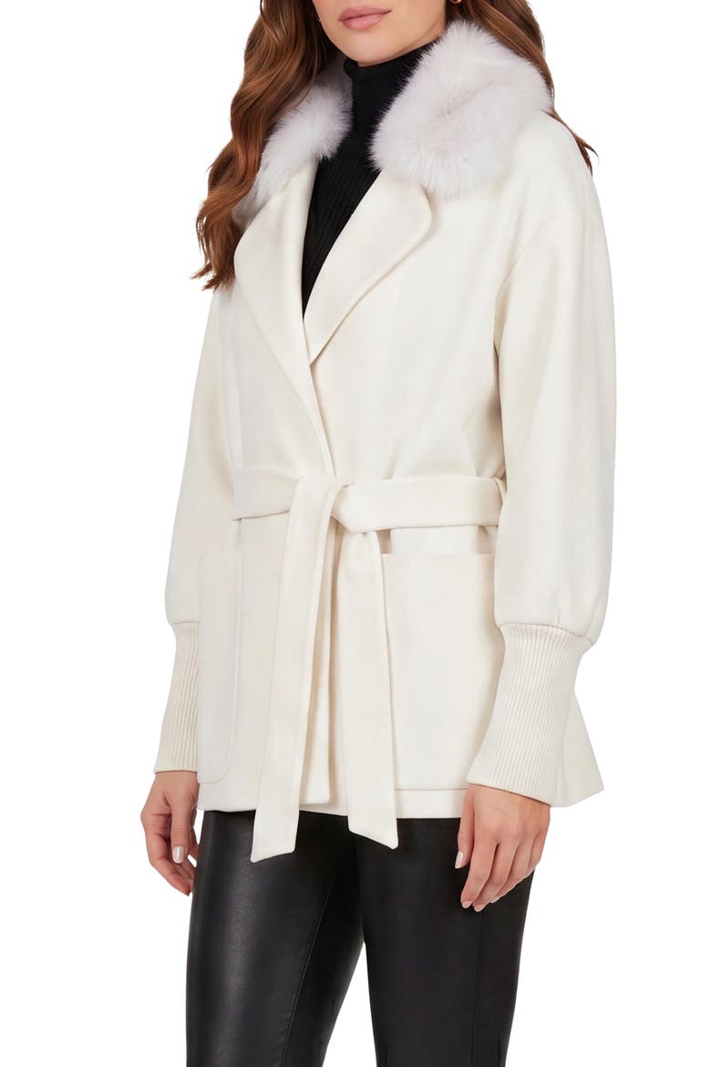 Fabric Jacket with Detachable Genuine Shearling  Collar, Belt, Alternate, color, IVORY