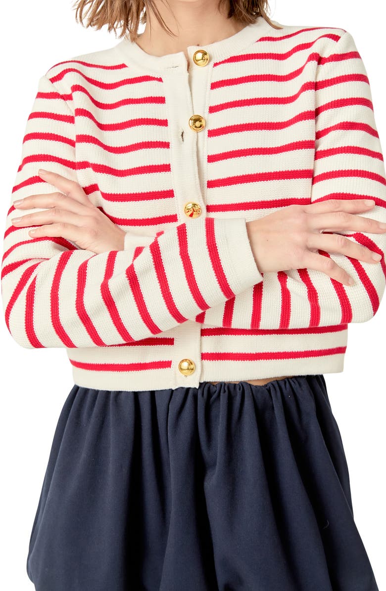 English Factory Stripe Cotton Cardigan, Alternate, color, Off White/ Red