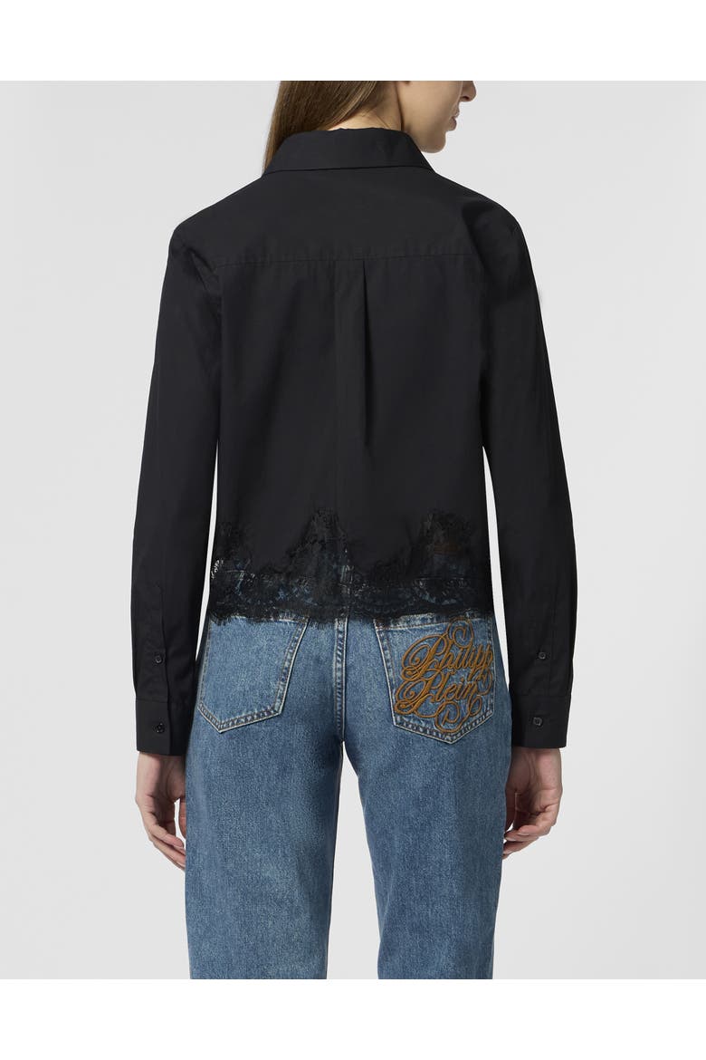 Popeline Cropped Shirt Lace Women, Alternate, color, black