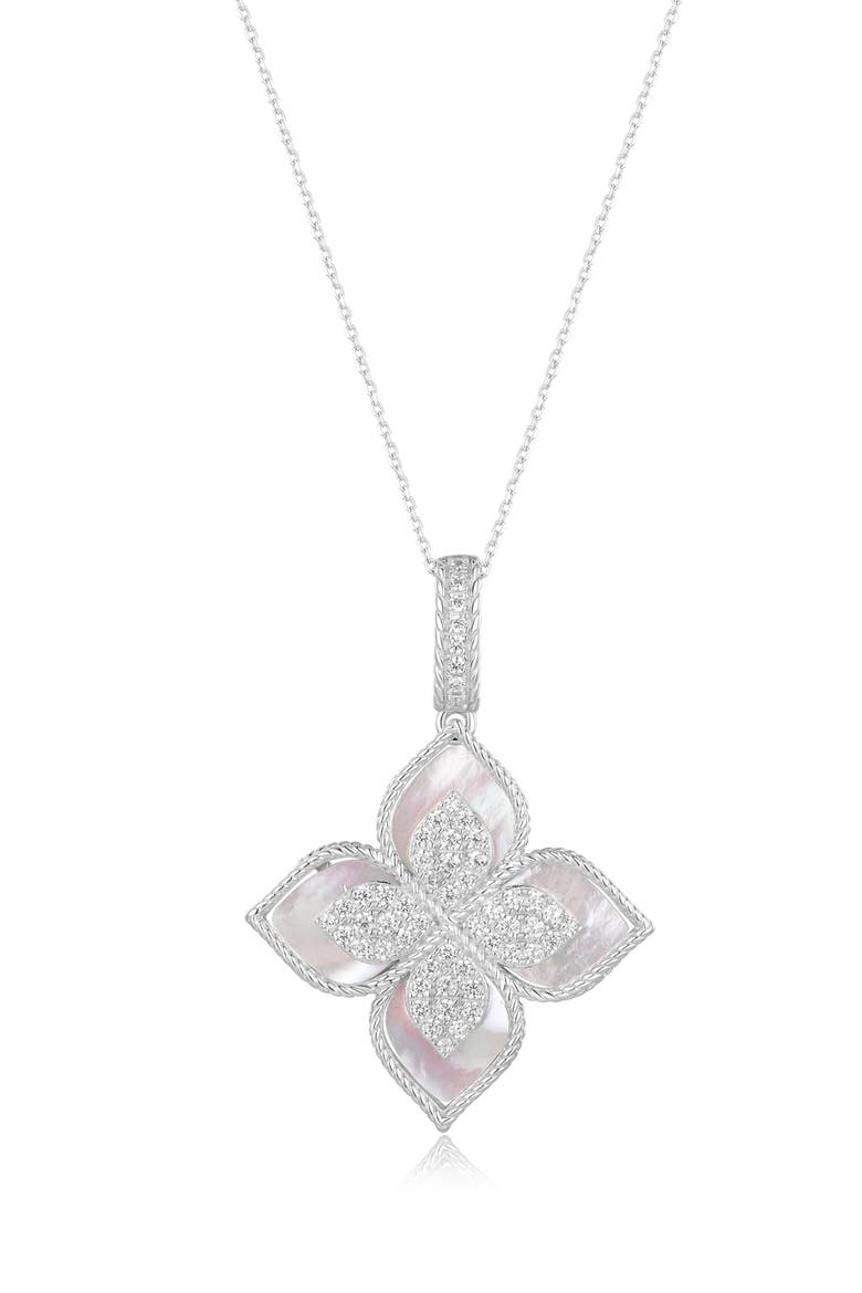 Pavé Cubic Zirconia & Enamel Flower Pendant Necklace, Main, color, SILVER
