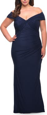 La Femme Long Net Jersey Plus Dress with Bodice Design