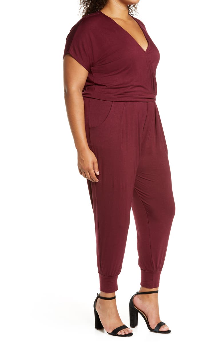 Loveappella Short Sleeve Wrap Top Jumpsuit, Alternate, color, Burgundy