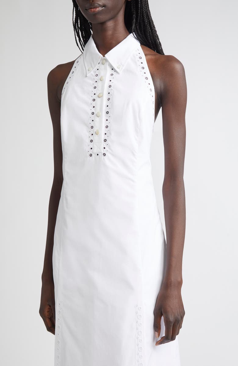 Thom Browne Eyelet Embroidered Cotton Poplin Halter Polo Dress, Alternate, color, White
