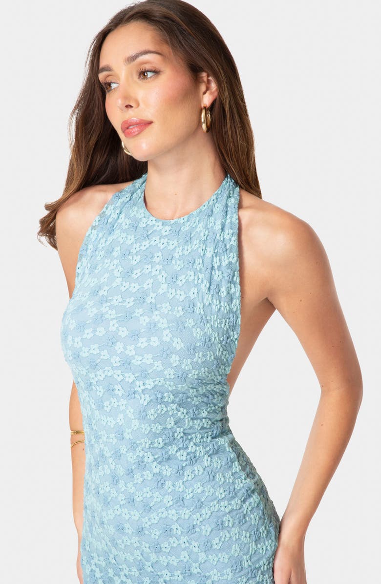 bebe Daisy Lace Body-Con Halter Dress, Alternate, color, Blue