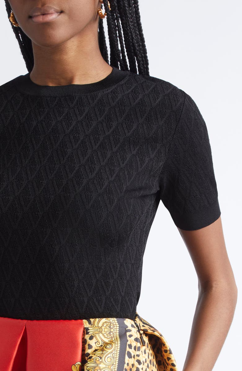 Versace V Jacquard Short Sleeve Sweater, Alternate, color, Black