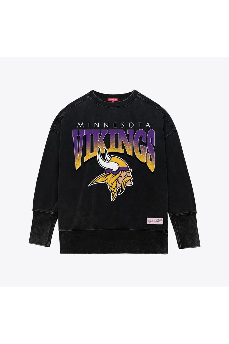 Women's Mitchell & Ness  Black Minnesota Vikings Delineate Mineral Wash Crewneck Sweatshirt, Main, color, Black