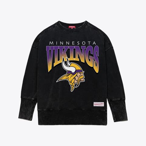 Women's Mitchell & Ness  Black Minnesota Vikings Delineate Mineral Wash Crewneck Sweatshirt