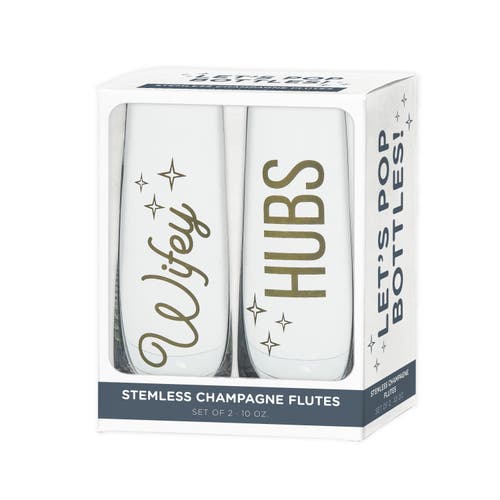 Totalee Gift Wifey/hubs Champagne Glass Set Of 2 Glass Clear 18 oz In White