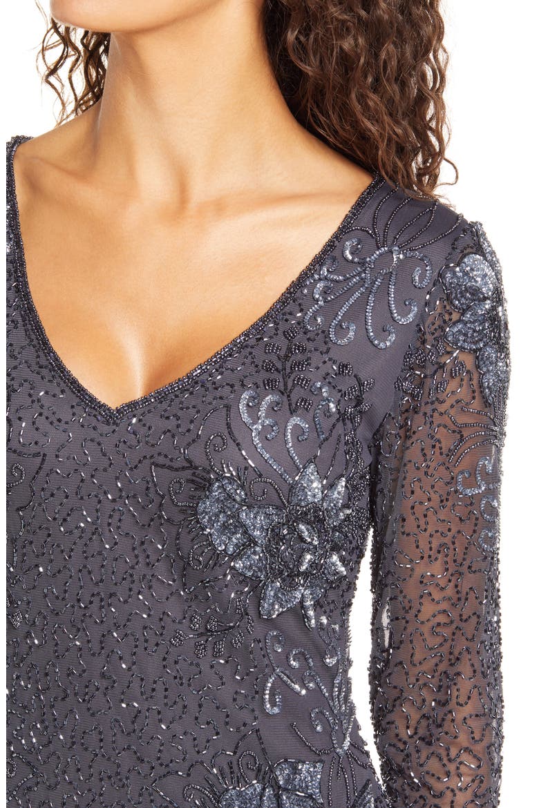 Beaded V-Neck Cocktail Dress, Alternate, color, SLATE