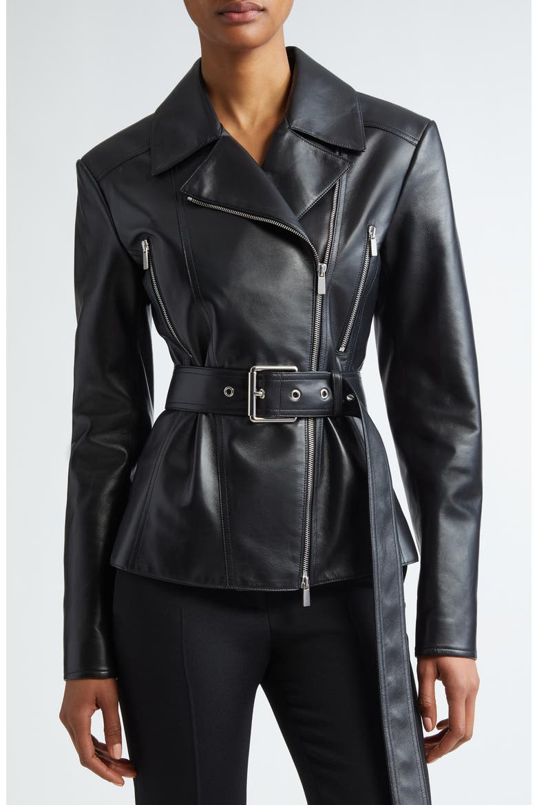 Belted Plongé Leather Moto Jacket, Alternate, color, BLACK