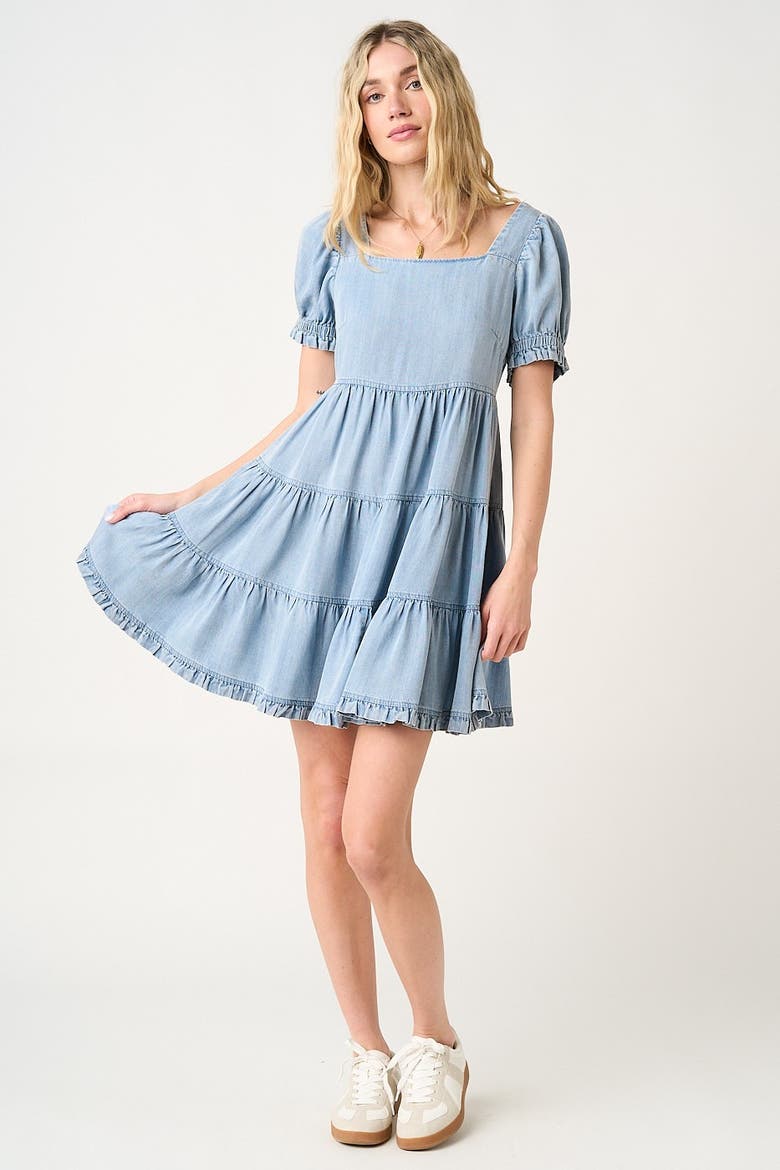 Blue Denim Washed Chambray Tiered Babydoll Mini Dress, Alternate, color, Light Blue