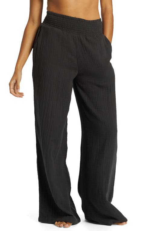 Shop Billabong New Waves Smock Waist Cotton Gauze Pants In Black Sands