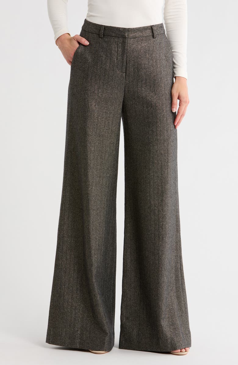 L'AGENCE Pilar Metallic Herringbone Wool Blend Wide Leg Pants, Main, color,