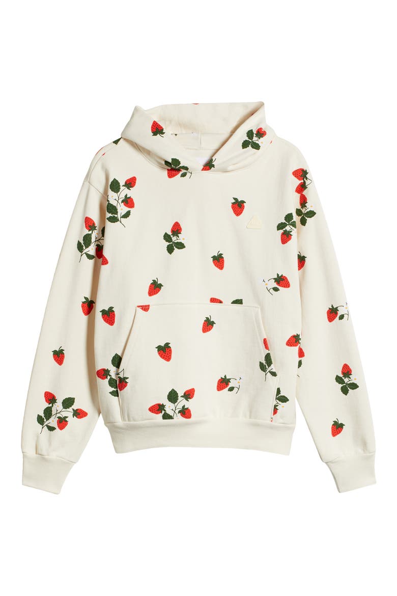 Strawberry Print Cotton Hoodie, Alternate, color, BUTTERCREAM