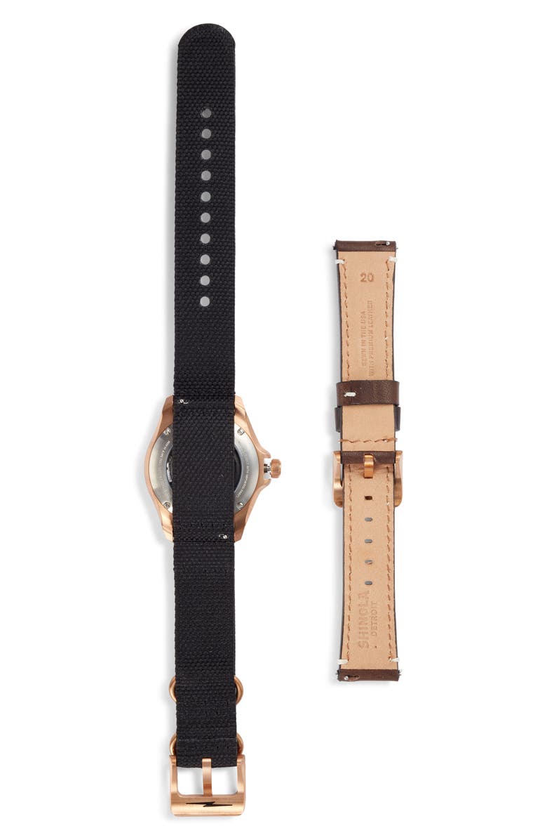 Shinola Bronze Monster GMT Automatic Leather & Webbing Strap Watch, 40mm, Alternate, color, Dark Brown