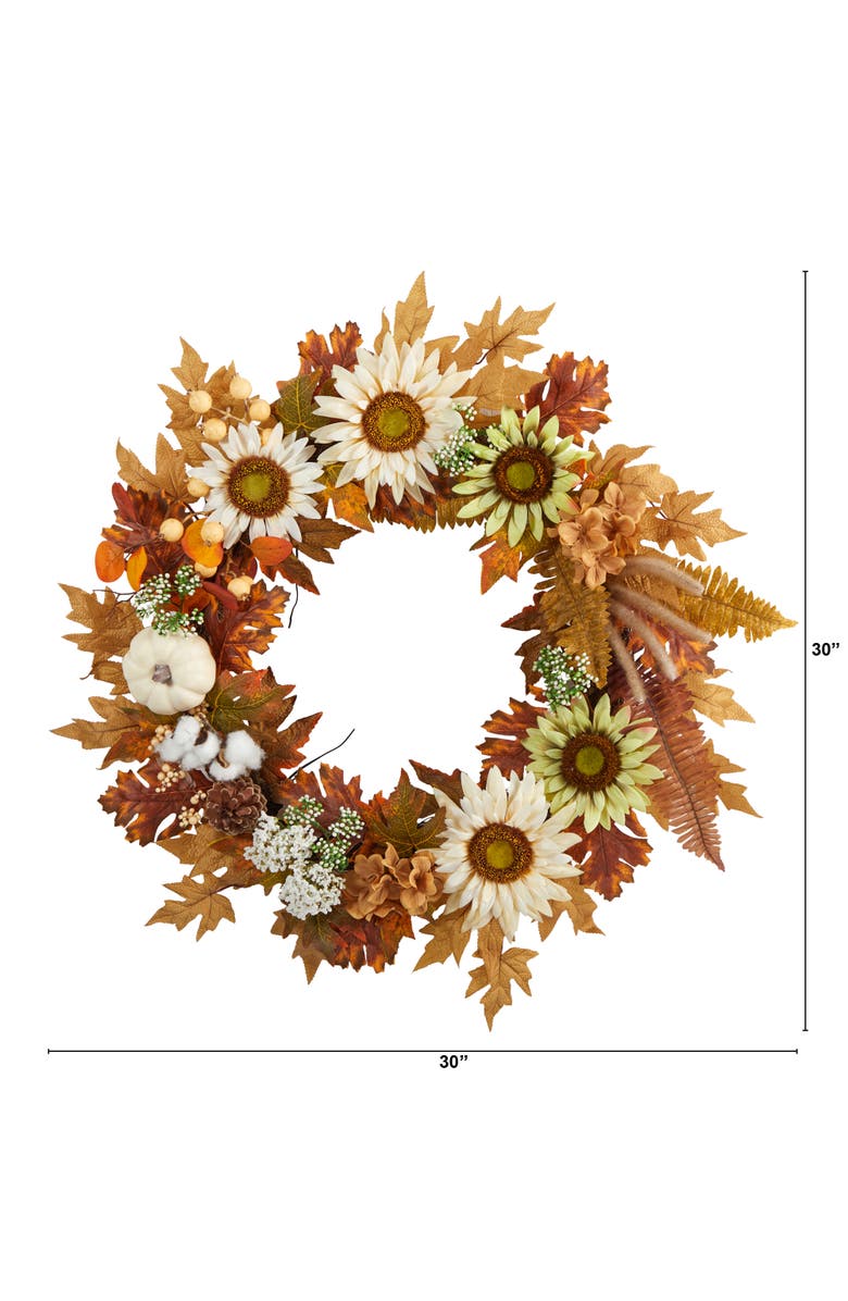 NEARLY NATURAL 30-in Autumn Sunflower, White Pumpkin and Berries Artificial Fall Wreath, Alternate, color, Orange