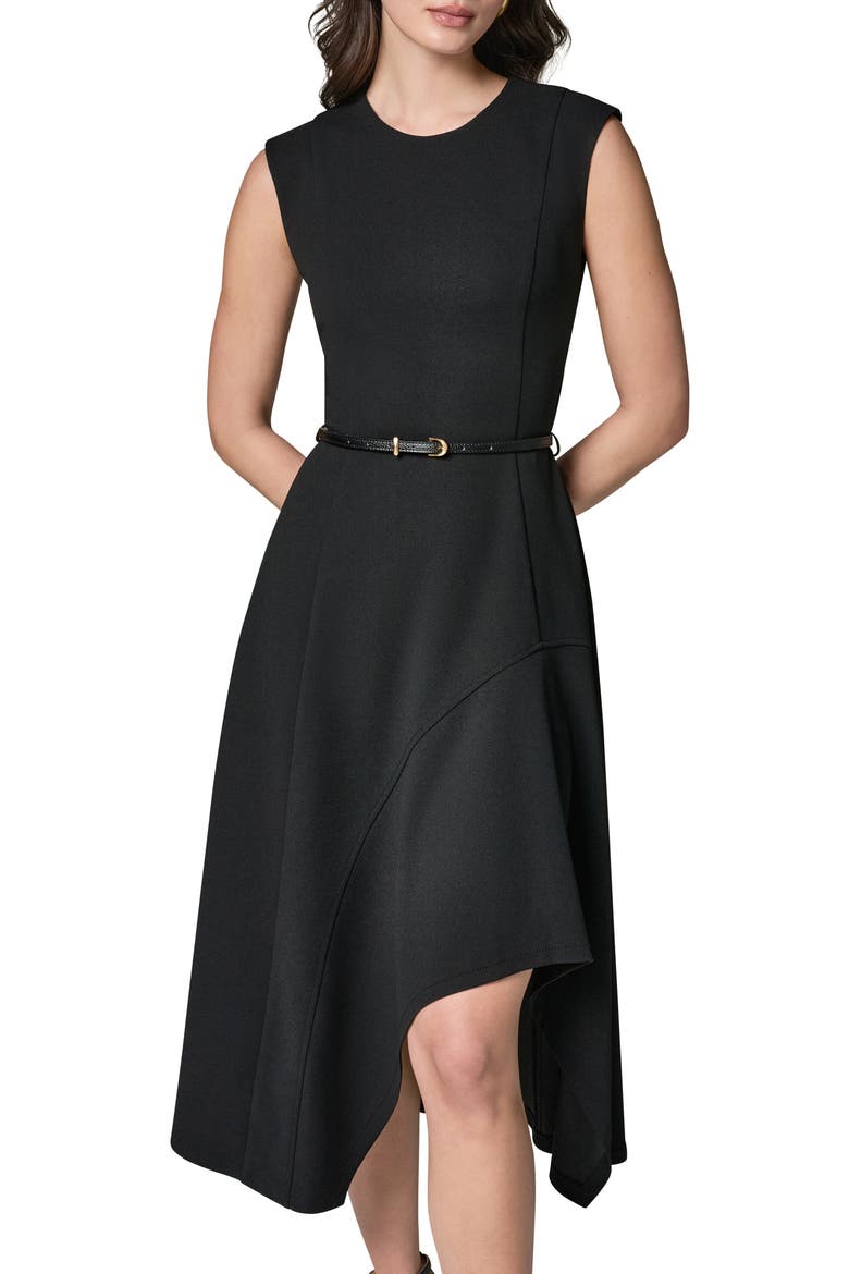 Belted Flounce Stretch Dress, Alternate, color, BLACK