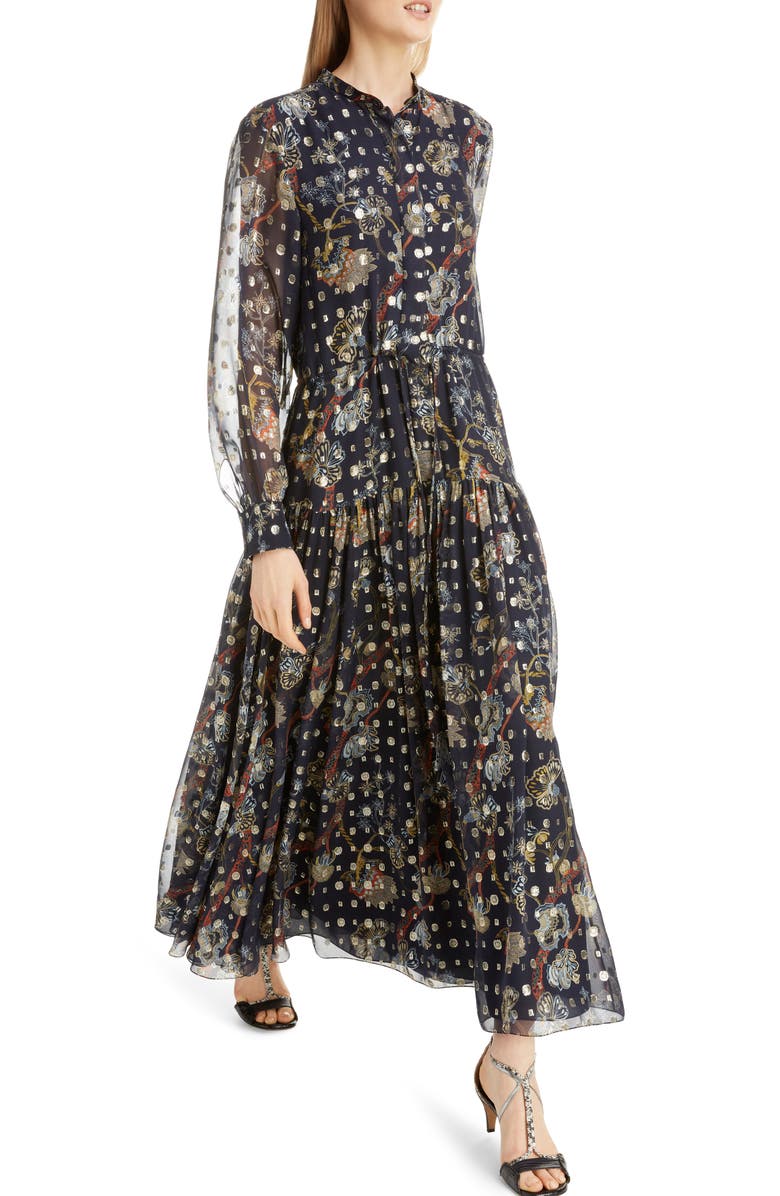 Chloé Print Metallic Long Sleeve Fil Coupé Maxi Shirtdress, Alternate, color, 