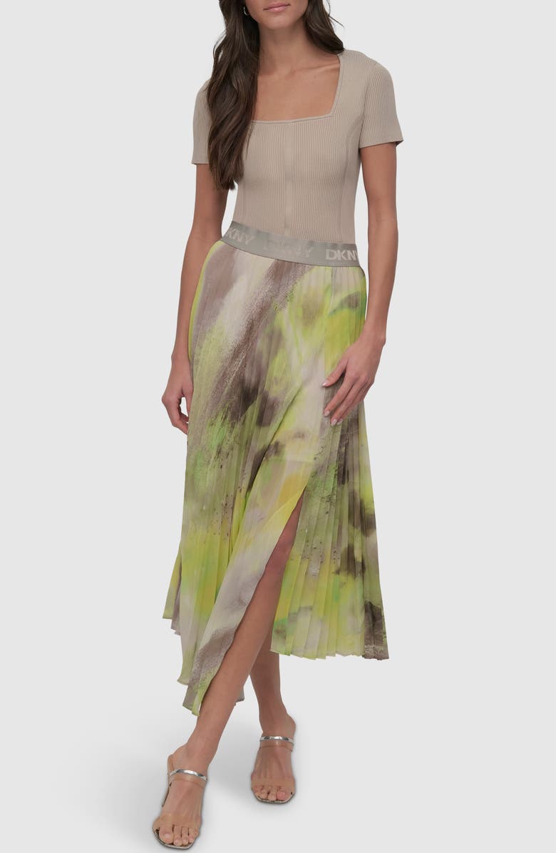 DKNY Print Pleated Asymmetric Midi Skirt, Alternate, color, Watercolor