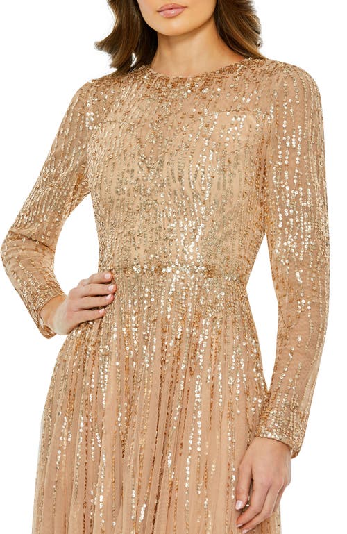 Mac Duggal Sequined Illusion High Neck Long Sleeve Gown In Latte
