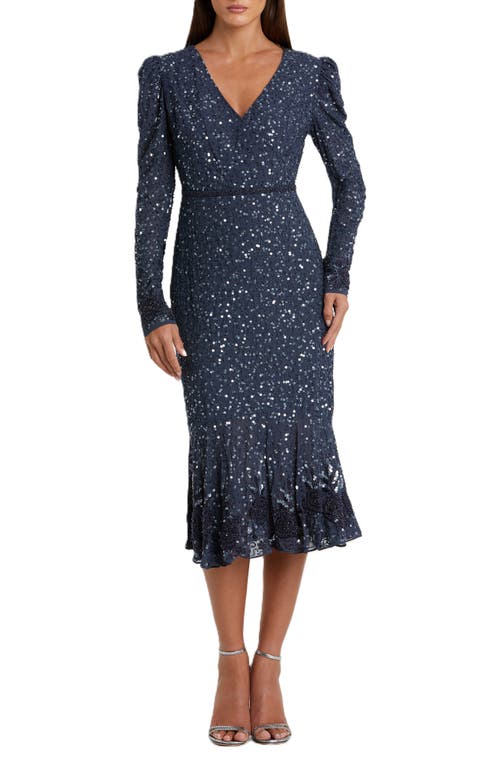 Mac Duggal Sequined Long Sleeve Midi Trumpet Dress In Midnight