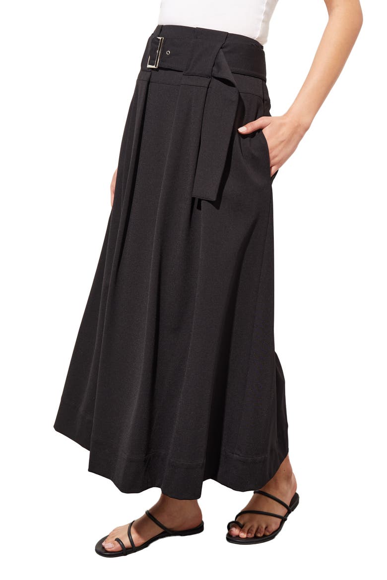 Pleated Belted A-Line Midi Skirt, Alternate, color, BLACK